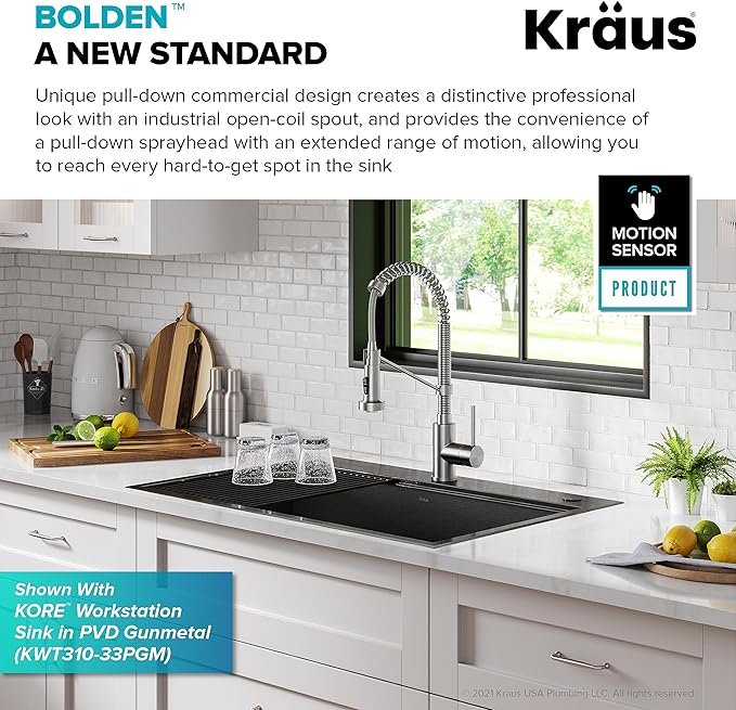 KRAUS Bolden Touchless Sensor Commercial Style 2-Function Single Handle Pull Down Kitchen Faucet in Spot-Free Stainless Steel, KSF-1610SFS