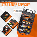 Roll up tool bag organizer with Carabiners - 4 Large Oversized Pockets with Labels-Tool roll bag organizer - Canvas foldable tool Bag organizer | Tool organizer bag for Mechanic, Electrician & more