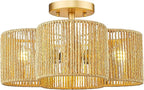 Rattan Light Fixtures Ceiling Mount, 4-Light 14" Boho Semi Flush Mount Ceiling Light with Hand-Woven Shade in Quatrefoil Shape for Kitchen Nursery Bedroom Hallway, Gold, AD-22007-4SF-RA-GD