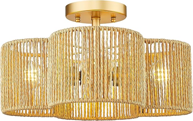 Rattan Light Fixtures Ceiling Mount, 4-Light 14" Boho Semi Flush Mount Ceiling Light with Hand-Woven Shade in Quatrefoil Shape for Kitchen Nursery Bedroom Hallway, Gold, AD-22007-4SF-RA-GD
