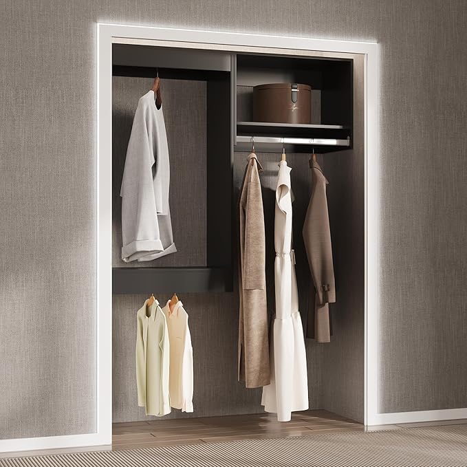 64" Wide Modular Closet Organizer System With Hanging, Wood Tower Storage for Walk In Closets, Wall Mounted Wardrobe Kit, Bedroom, Black