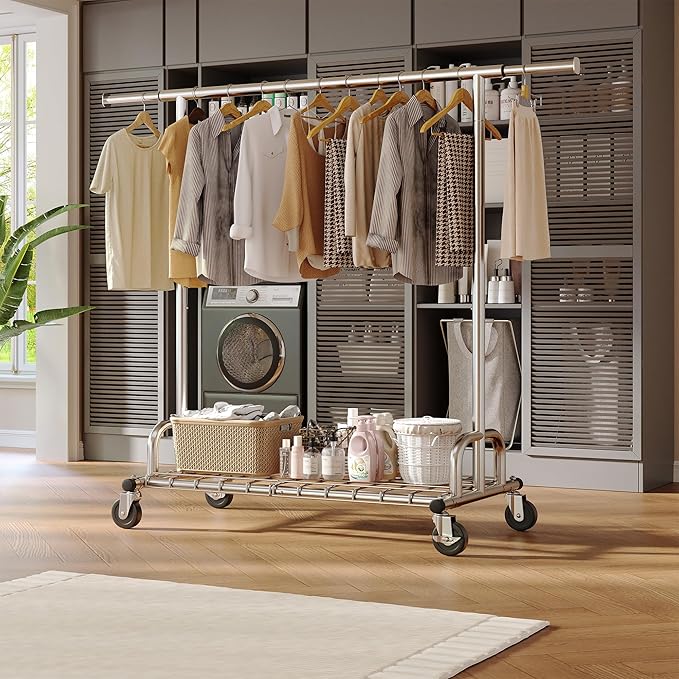 Raybee Heavy Duty Clothes Rack, Clothing Racks for Hanging Heavy Clothes 200+, Rolling Clothing Rack Load 485 LBS, Extendable & Adjustable Portable Commercial Garment Rack with Wheels