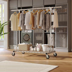 Raybee Heavy Duty Clothes Rack, Clothing Racks for Hanging Heavy Clothes 200+, Rolling Clothing Rack Load 485 LBS, Extendable & Adjustable Portable Commercial Garment Rack with Wheels
