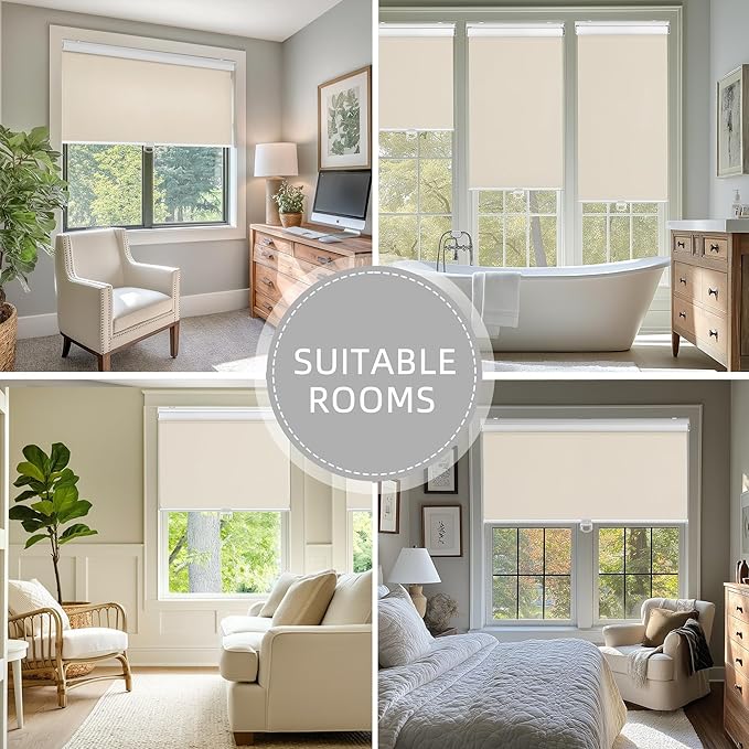 ChrisDowa Cordless Blackout Roller Shades for Windows, Thermal Insulated UV Protection Pull Down Shades, Total Blackout Window Blinds for Home, Office, Bedroom, Door (58" W x 72" H, Beige)