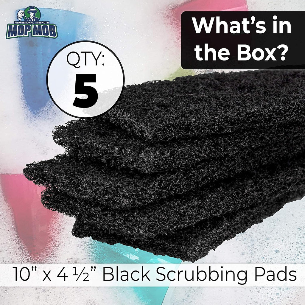 Heavy Duty XL Black Scouring Pad 5 Pack. 10 x 4.5in Large Multipurpose Nylon Scrubbing Sponges. Clean Bathrooms, Kitchens, Counters and Floors to Erase Grime and Make Surfaces Sparkle