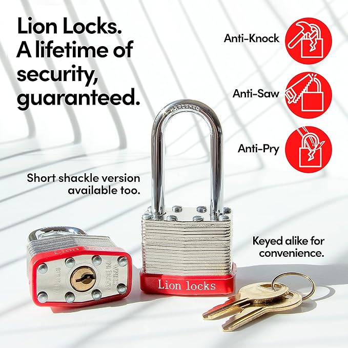Lion Locks 6 Keyed Alike Padlocks with 2" Long Shackle, 12 Keys - Padlocks for Outdoor Use, Locks with Keys, Hardened Steel Case, Pick Resistant Brass Pin Cylinder for Hasp Latch, Locker, Gate