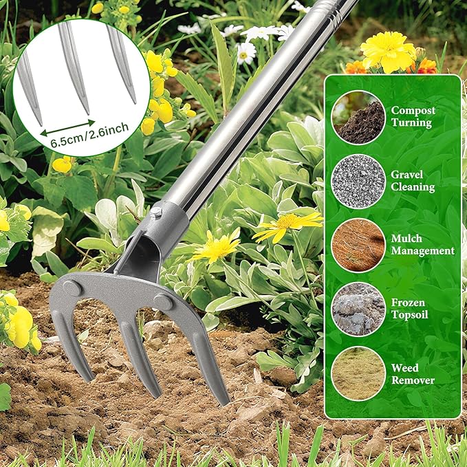 Garden Hand Cultivator Rake: 50inch Long Handle Hoe Garden Tool with Ergonomic D Grip, Heavy Duty Iron 3-Tine Tiller Rakes for Gardening,Cultivating, Planting, Digging, Weeding