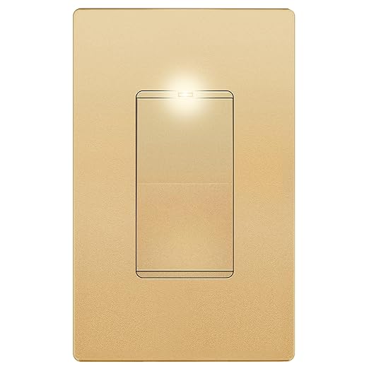 LIDER Minimalist Design Matte Finish Lighted Decorator Switch with Screwless Wall Plate, Frameless Paddle Light Switch with Locator Light, Single Pole, Grounding Screw, 15A 125V, UL Listed, Gold