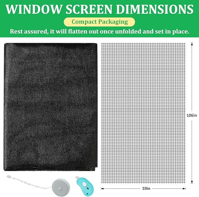 Windows Screen Replacement and Screen Door Repair Kit, 6Pcs Window Screen Fiberglass Mesh Kit - Window Screen & Screen Door Mesh & Screen Porch Repair Kit (Black, 59" x 106")