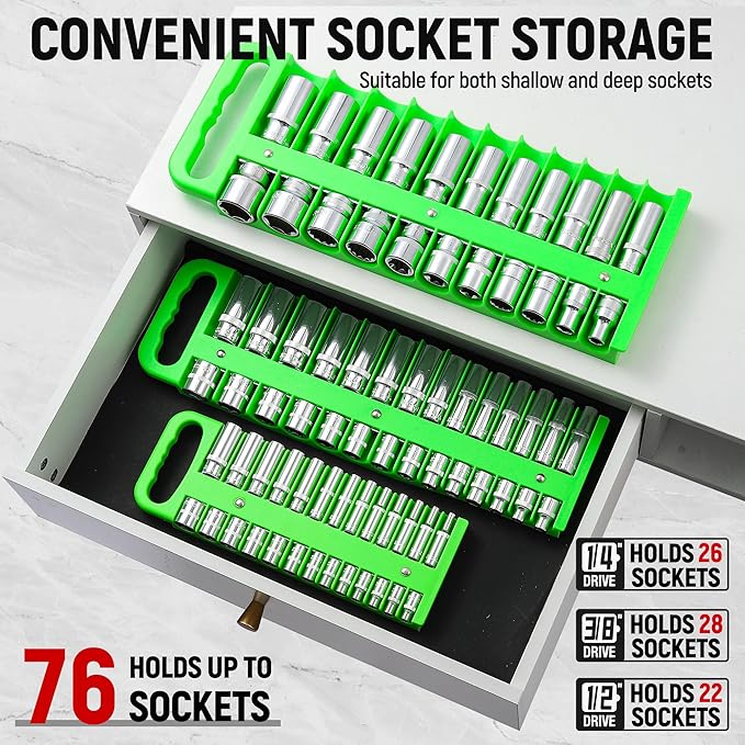 Magnetic Socket Organizer Set, 3-Piece Green Portable Magnetic Socket Holder Tray, Heavy Duty Socket Racks For 1/2-inch& 3/8-inch& 1/4-inch Drive, Hold 76 Sockets - Fit Shallow&Deep Sockets