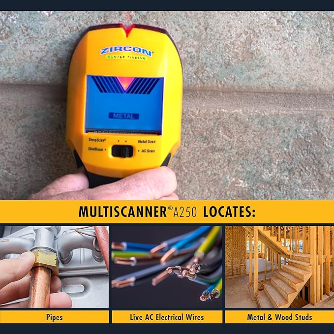 Zircon MultiScanner A250 Stud Finder Metal Detector | Live AC Wire Detection | Scanner | Yellow | Pack of 4