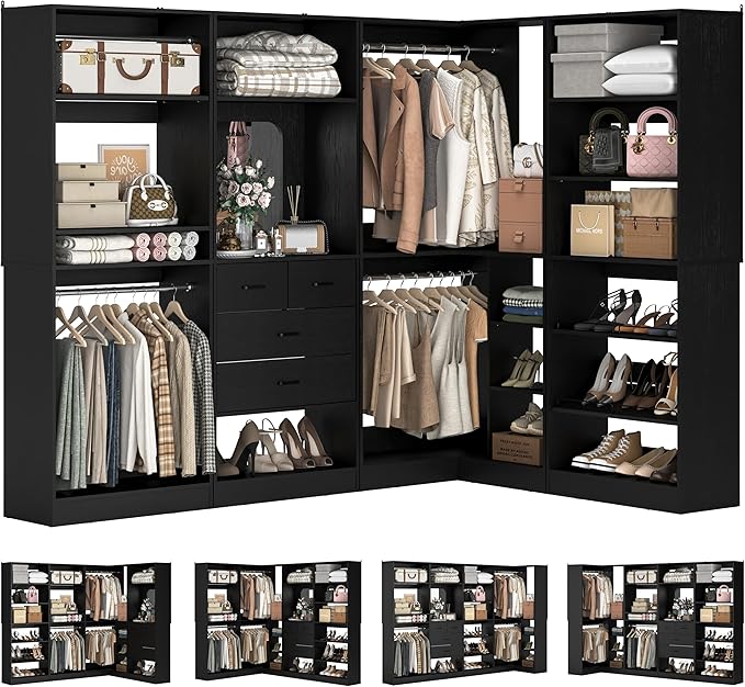 Unikito 110” Closet System with Drawers, Corner Closet Organizer with 4 Hanging Rods and Mirror Design, 9.3FT Reversible Large Wood L Shaped Walk in Closets Wardrobe with Shoe Shelves, Set of 4, Black