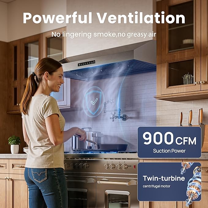 42 inch Range Hood,900 CFM Powerful Vent Hood,Under Cabinet Range Hood with 1.5 Sones Quiet, Gesture Control+Delay Shutdown,Stainless Steel Hood Vents for Kitchen,Dishwasher-Safe Filters