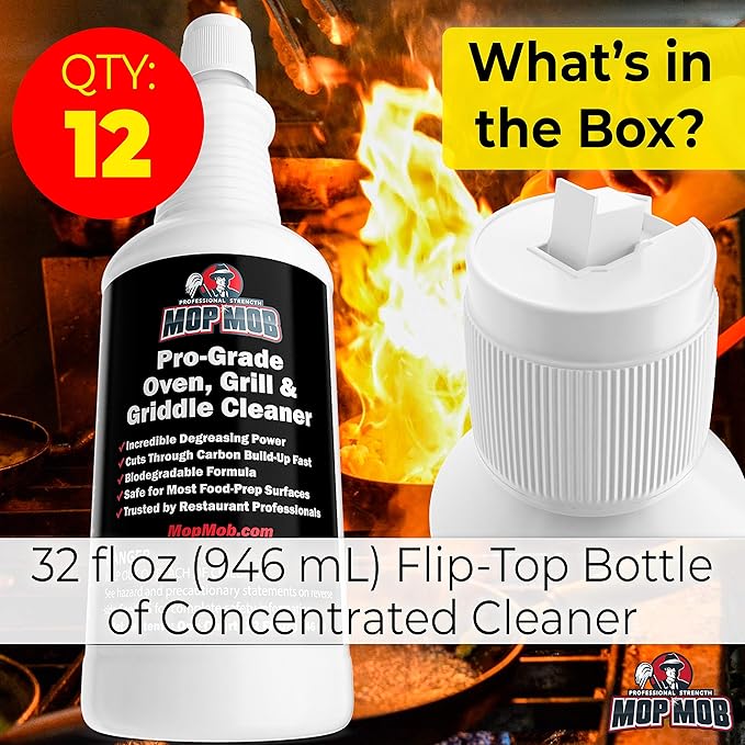 Commercial Grill and Oven Cleaner 32 Oz Concentrate 12Pk. Fast-Acting Heavy-Duty Degreaser Solution Removes Carbon, Grime, Burnt Food and Oil for Griddles Fryer Baskets and Kitchen Cooking Surfaces.