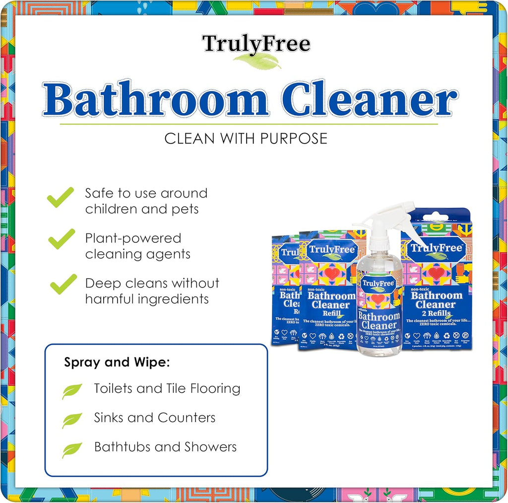 2-Pack TrulyFree Bathroom Cleaner - Cleaning Spray, for Toilet, Sink, Tub, Shower - Includes: 16-oz Spray Bottle, One refill pouch used for initial fill and one pouch for Refill when needed (3 oz)