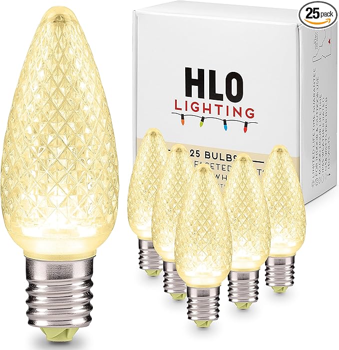 HLO Lighting Set of 25 Warm White C9 Faceted LED Christmas Light Bulbs for Indoor & Outdoor Use | Durable Replacement Bulbs