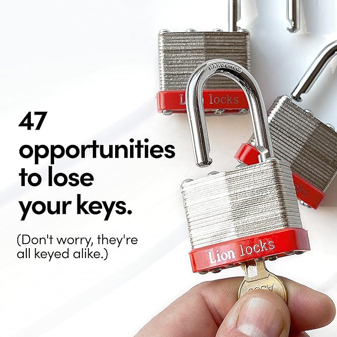 Lion Locks 24 Keyed-Alike Padlocks w/ 1.25” Shackle, 48 Keys, Hardened Steel Case, Brass Cylinder (24-Pack) - for Hasp Latch, Sheds, Fences, Storage Locker, School, Gym