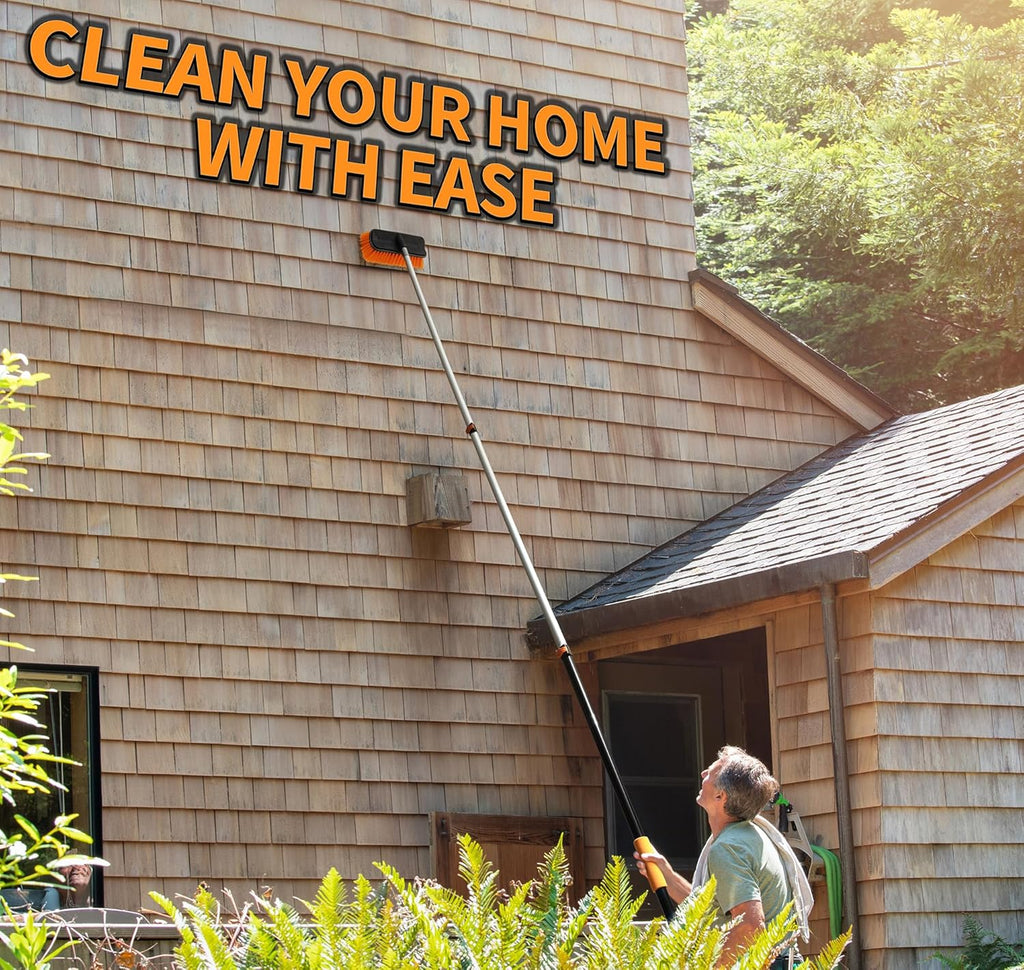 20 Foot Exterior House Cleaning Brush Set with 4-12 ft Extension Pole // Vinyl Siding Brushes with Telescopic Extendable Pole & Window Cleaning Squeegee Tool // The Ultimate Extension Scrub Brush Set
