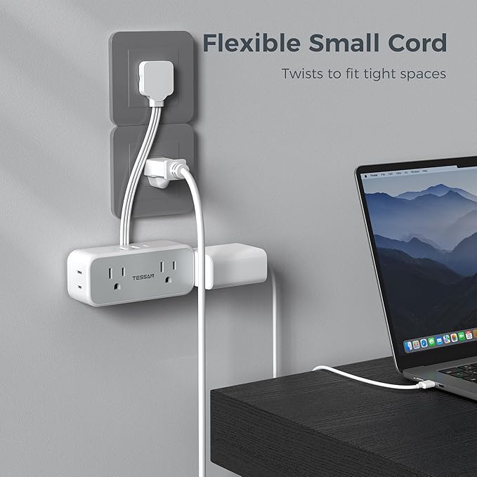 Short Extension Cord 6 inch, TESSAN Flat Plug Power Strip with 4 AC Outlets 3 USB (2 USB C) Ports, Small Charging Station for Cruise Ship Travel, Desk Organizers for Home Office Dorm Room Essentials
