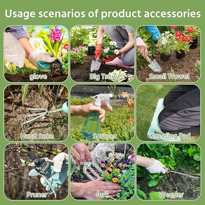 WNJ Gardening Tool Set, 10 PCS Heavy Duty Floral Pattern Garden Tools Set Kit, Complete Gardening Tool Bag Set, with Non-Slip Rubber Handle, Best Gifts for Women