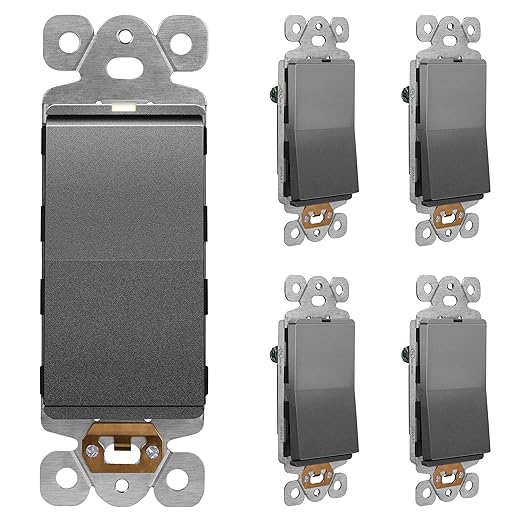 LIDER Minimalist Design Matte Finish Lighted Decorator Switch, Frameless Paddle Light Switch with Locator Light, Grounding Screw, 15A 125V, UL Listed, LS15-1P-SG5P, Space Gray, 5 Pack