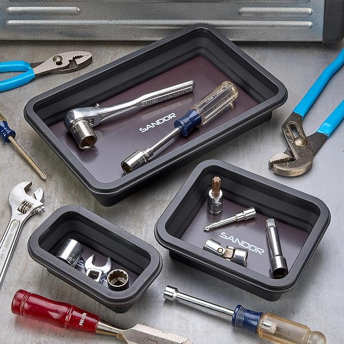 Collapsible Magnetic Parts Tray Set - 3 Different Size Tool Trays for Screw, Bolts, Nuts, Washers, Pins and Other Small Metal Parts, Mechanic Tool Gifts for Men - Black