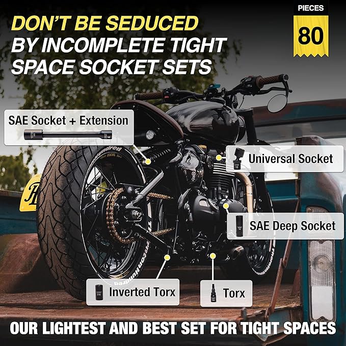 TIGHTSPOT 1/4" Drive 80pc Impact Socket MASTER SET, our Most Complete Set Ever with SAE & Metric from 3/16 Inch - 9/16 Inch, 4mm - 15mm, Standard/Deep/Universal & Torx & Inverted Torx Sockets & More