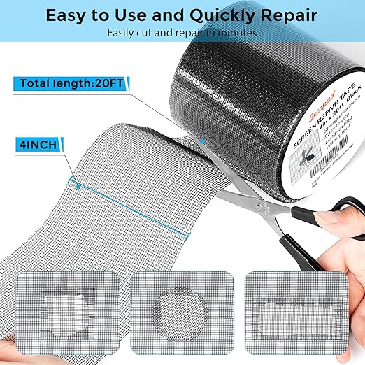 Black Window Screen Repair Tape, 4 in X 20 FT (240IN) Kit for Windows or Doors, Strong Adhesive Patch Fiberglass Mesh Repair
