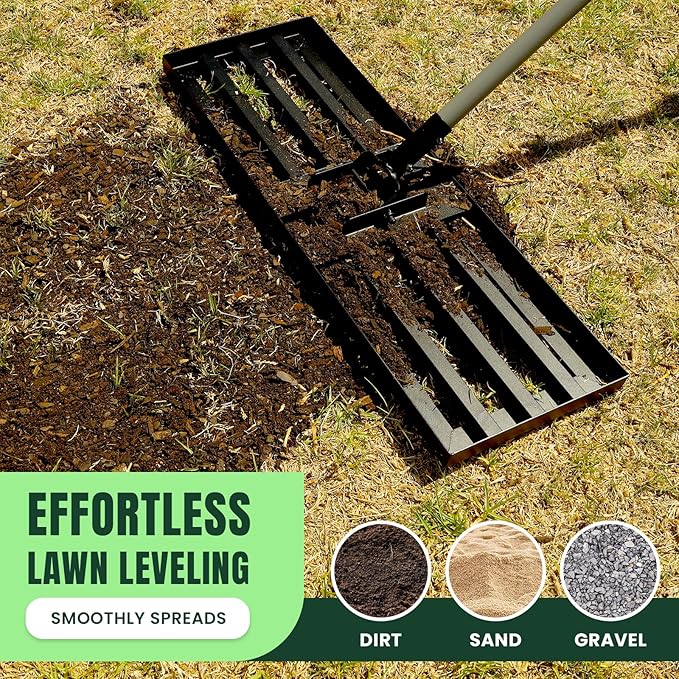 30" x 10" Stainless Steel Lawn Leveling Rake for Soil, Heavy Duty Lawn Leveler Tool for Yard with Adjustable Steel Handle up to 85", Yard Leveling Landscape Rake, Ground Leveler for Garden-Golf Course