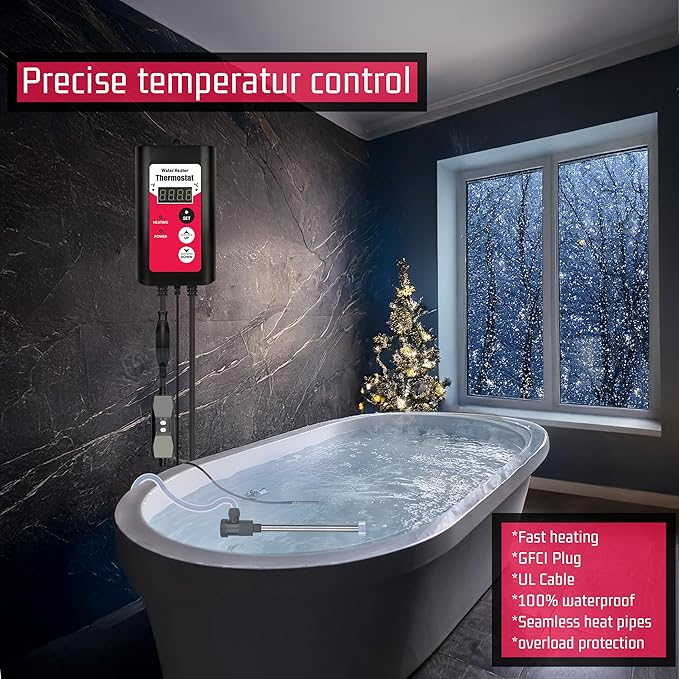 1300W Immersion Water Heater Portable Electric Buckets & Hot Tub Fully Submersible Water Heater with Temp Control and GFCI for baptistry, Bathtub, Pools, Buckets - Easy to use