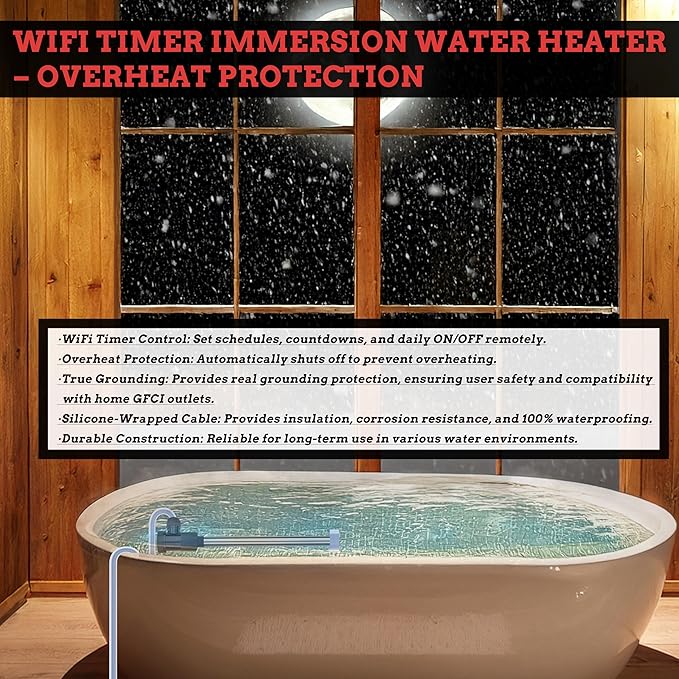 1800W Pool Immersion Water Heater with Wifi Timer & Temp Control – Submersible Electric Heater for Above-Ground Pool, Bucket, Bathtub, Baptistry, Baptismal Pool, Inflatable Pool & Hot Tub