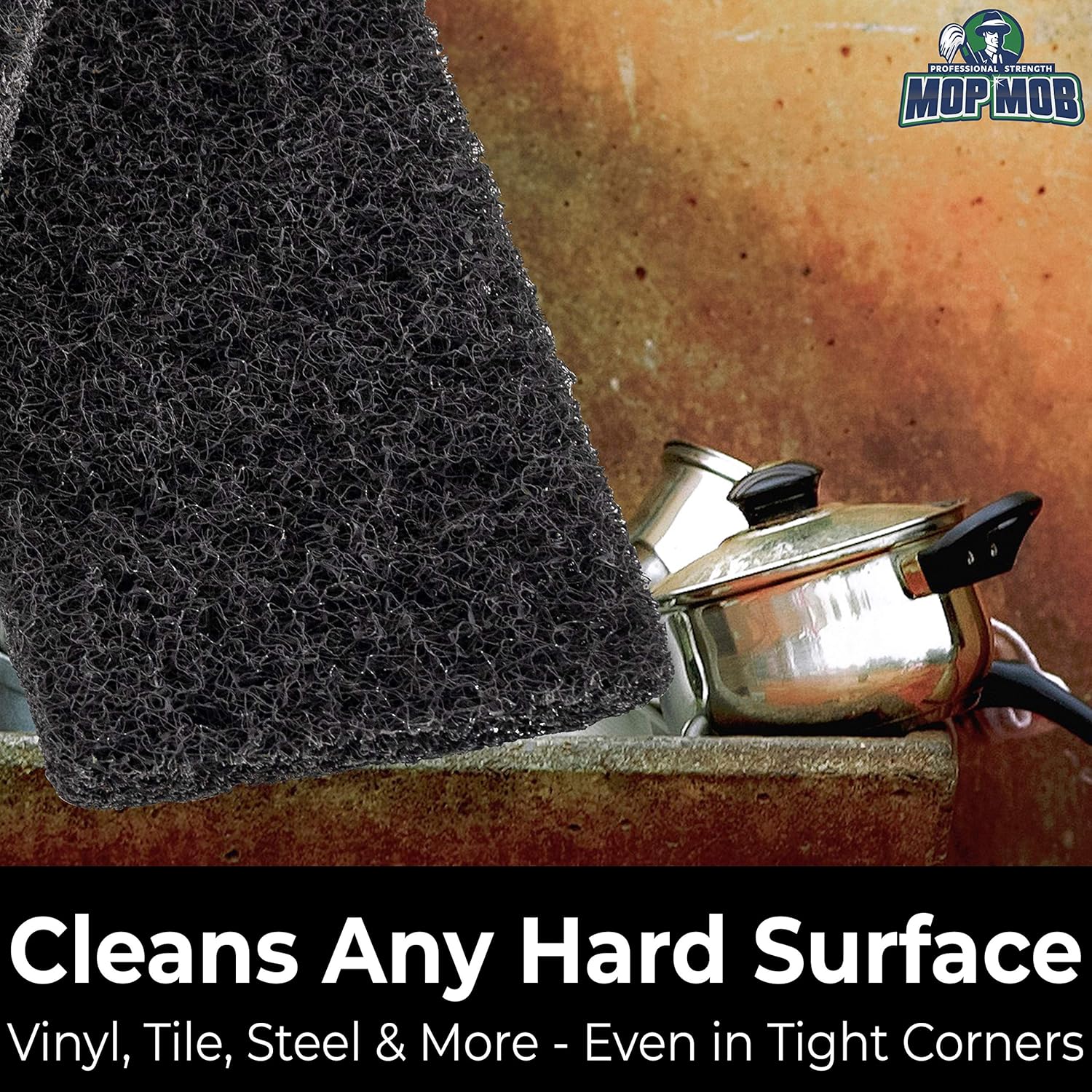 Heavy Duty XL Black Scouring Pad 5 Pack. 10 x 4.5in Large Multipurpose Nylon Scrubbing Sponges. Clean Bathrooms, Kitchens, Counters and Floors to Erase Grime and Make Surfaces Sparkle