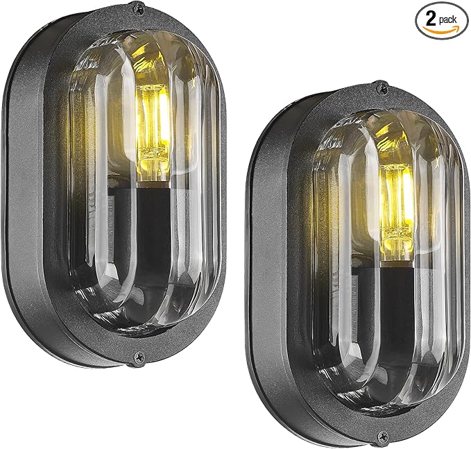 FEMILA 8.5" Oval Bulkhead Light, Modern Exterior Wall Sconce, 2 Pack Outdoor Wall Light & Ceiling Flush Mount, Ripple Glass, IP44 Waterproof, Front Porch Light for Patio/Garage/Entry, 4FYX104F-2 BK SW