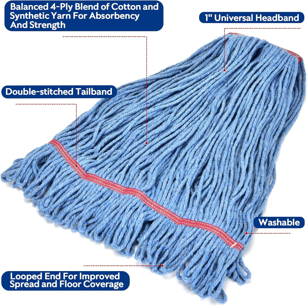 Matthew Cleaning 20oz Heavy Duty Mop Head Commercial Replacement for General and Floor Cleaning , Wet Industrial Blue Cotton Looped End String Head Refill (Case of 12) Blue