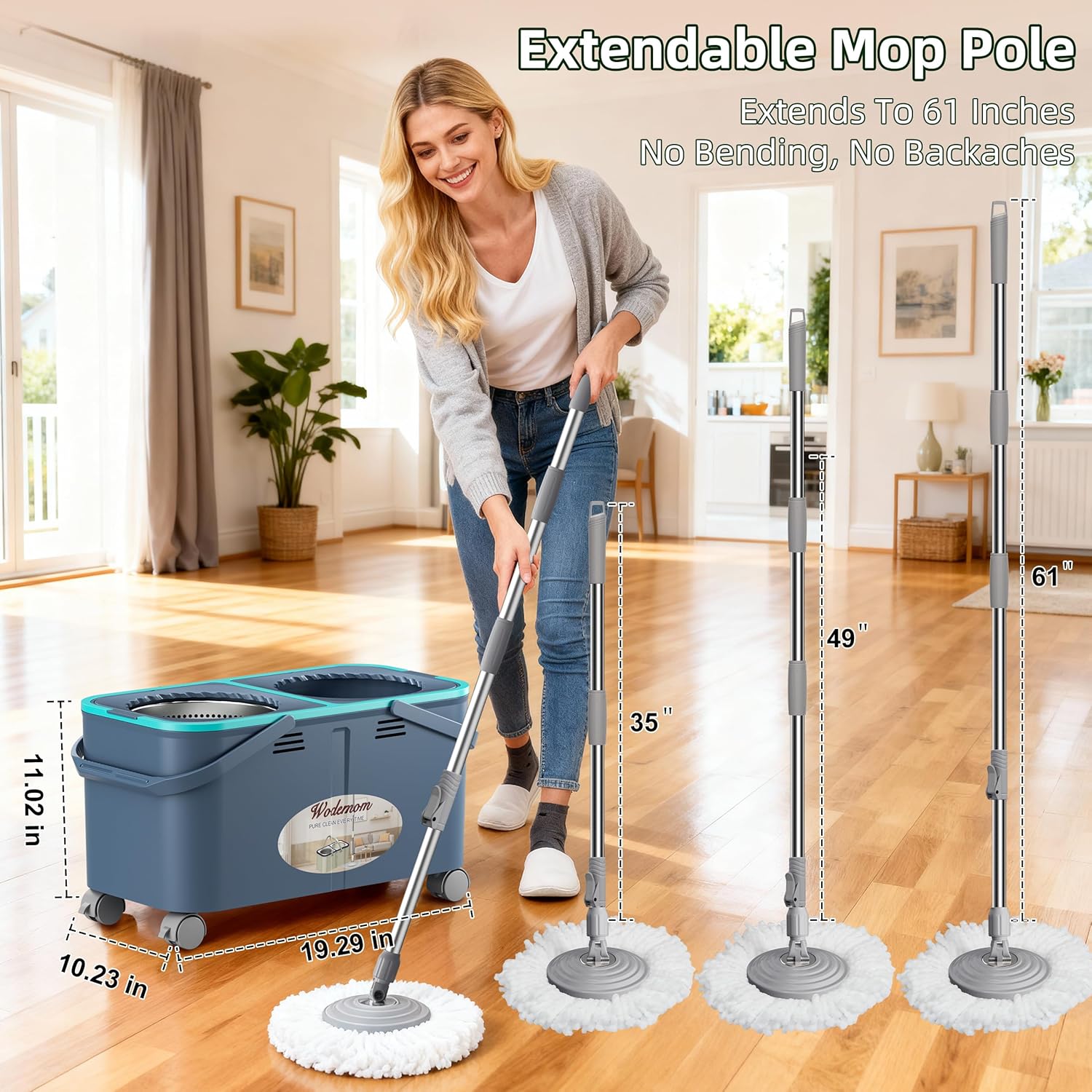 2025 Upgraded Gen 2 Spin Mop and Bucket Set with 4 Swivel Wheels for Easy Rolling, Separates Clean & Dirty Water, Floor Mop with 6 Washable Mop Heads for Wood, Tile, Vinyl, Baseboards - Grey/Blue
