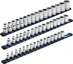 ARES 60041-3-Piece 17-Inch Blue Aluminum Socket Rail Set - 1/4-Inch, 3/8-Inch, and 1/2-Inch Drive Socket Organizers Hold 48 Sockets