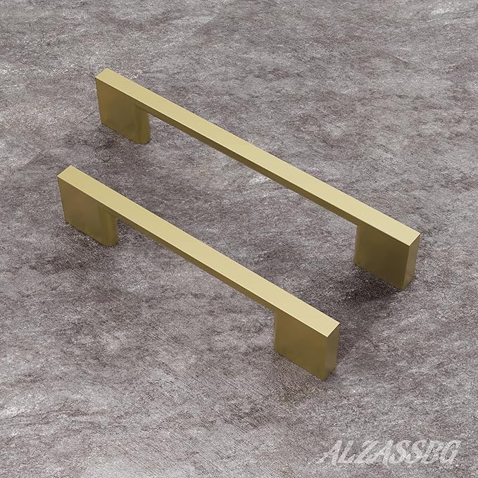 Alzassbg 10 Pack Matt Gold Cabinet Pulls, 3 Inch(76mm) Hole Centers Rectangle Cabinet Handles Kitchen Pulls for Cabinets AL3051MGP