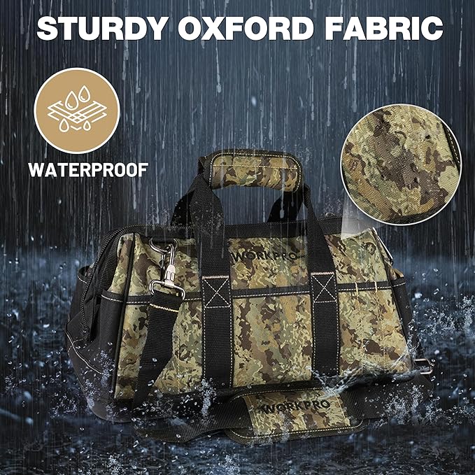 WORKPRO 16-Inch Wide Mouth Tool Bag, Tool Bags for Men with Adjustable Shoulder Strap, Waterproof Oxford Fabric and Sturdy Buttom