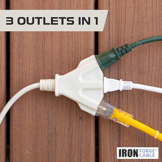 Iron Forge Cable Weatherproof 25 Ft Outdoor Extension Cord with 3 Outlets - 16/3 SJTW Heavy Duty Beige Extension Cord 3 Prong - 13 Amp Power Cable