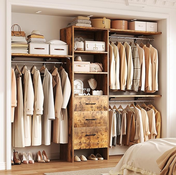 8FT Closet System, 96'' Closet Organizer System with 3 Hanging Rods, Wall Mount Bedroom Wardrobe with 3 Drawers Walk-in Closet, Adjustable Cloth Garment Rack from 5 to 8FT (Cut to Fit), Rustic Brown