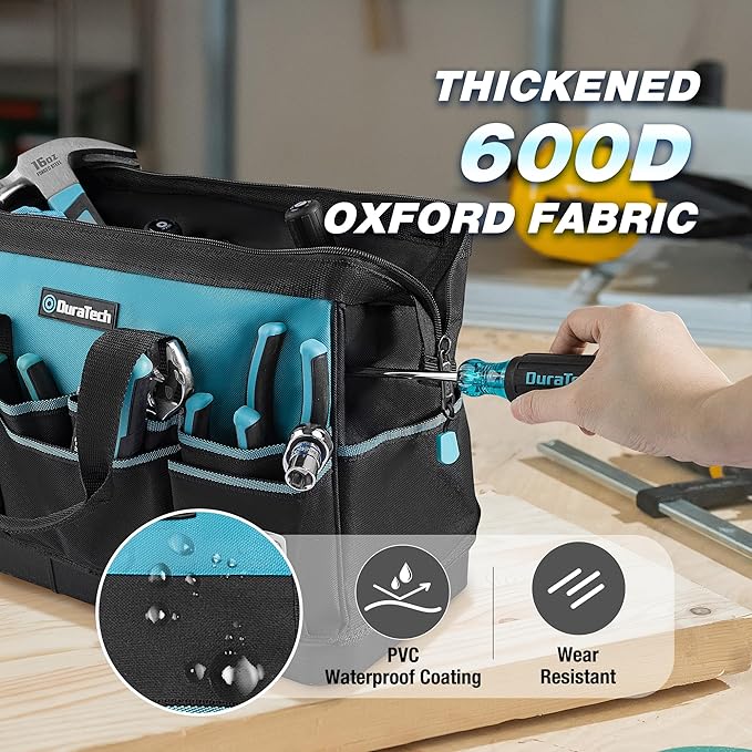 DURATECH 16-Inch Heavy Duty Tool Bag with Waterproof Hard Bottom, Tool Bag Organizer Wide Open Mouth with 18 Pockets, Portable Toolbag for Men Mechanic Electrician Plumber HVAC