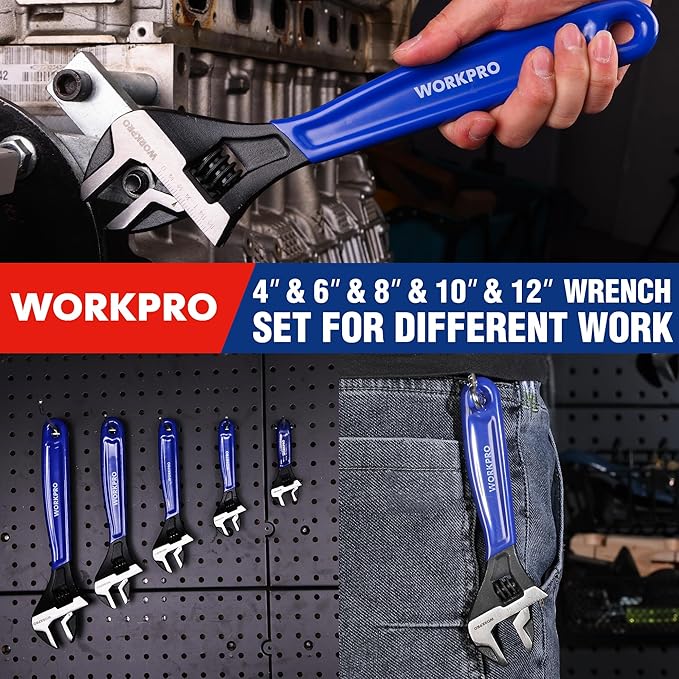 WORKPRO 5-piece Adjustable Wrench Set, 4-Inch & 6-Inch & 8-Inch & 10-Inch & 12-Inch Wrenches, Wide Jaw Black Oxide Wrench, Metric & SAE Scales, Cr-V Steel, for Home, Garage, Workshop