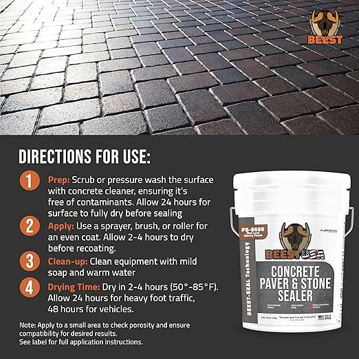 Paver Sealer - 8600 Wet Look (Medium Gloss) - 5 Gallon Covers up to 875-1250 sq ft (2 Coats)| Concrete Sealer Outdoor - Color Enhancing Acrylic Sealant for Stones, Patios, Pavers, Bricks & Driveways