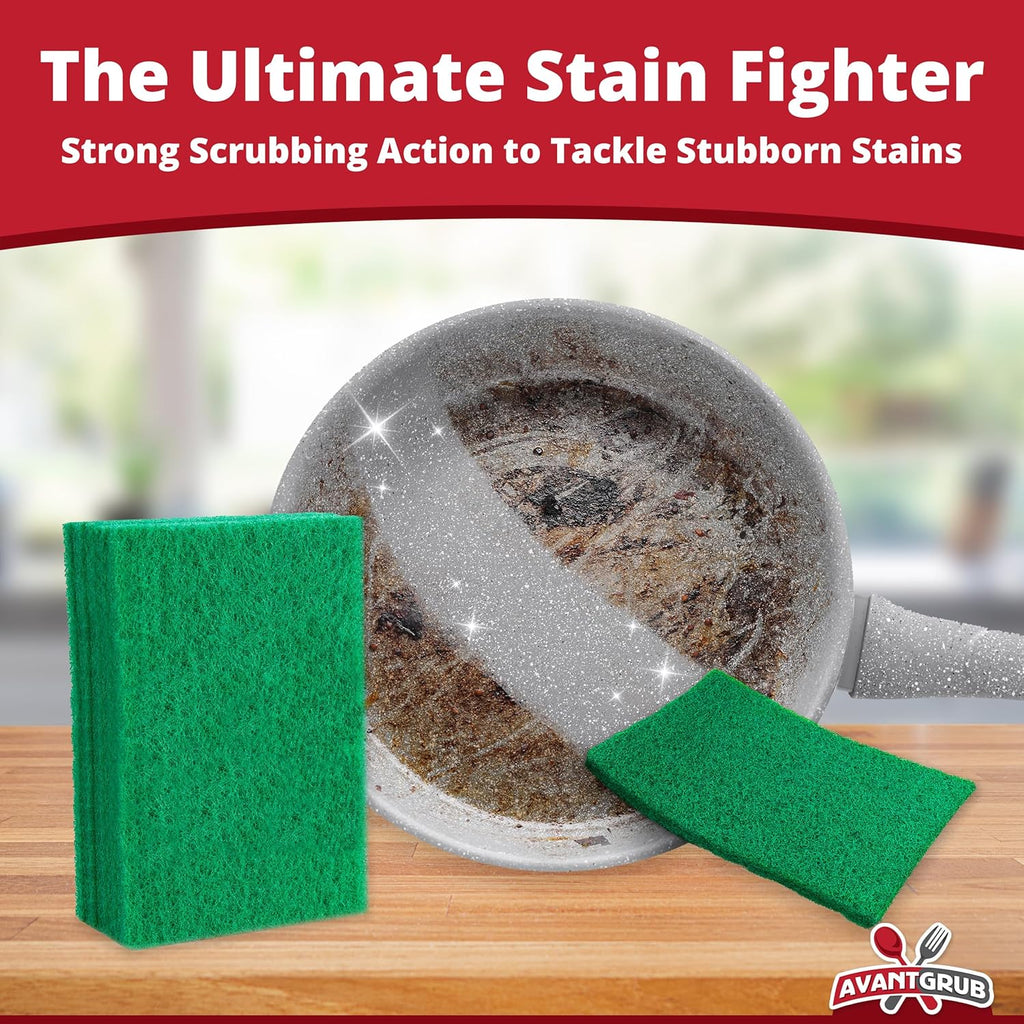 Green Sustainable 10 Pack Cleaning Scour Pads by Avant Grub. Powerful Stain Remover for Cookware. Easily Remove Grease and Residues. Eco-Friendly Solution for Kitchen Cleaning.