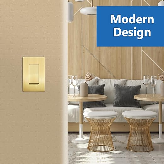 LIDER Brushed Gold Minimalist Design Decorator Switch, Frameless Paddle Wall Light Switch, On/Off Rocker Switch, Single Pole, Residential Grade, UL Listed, 3 Wire, 15A 120-277VAC