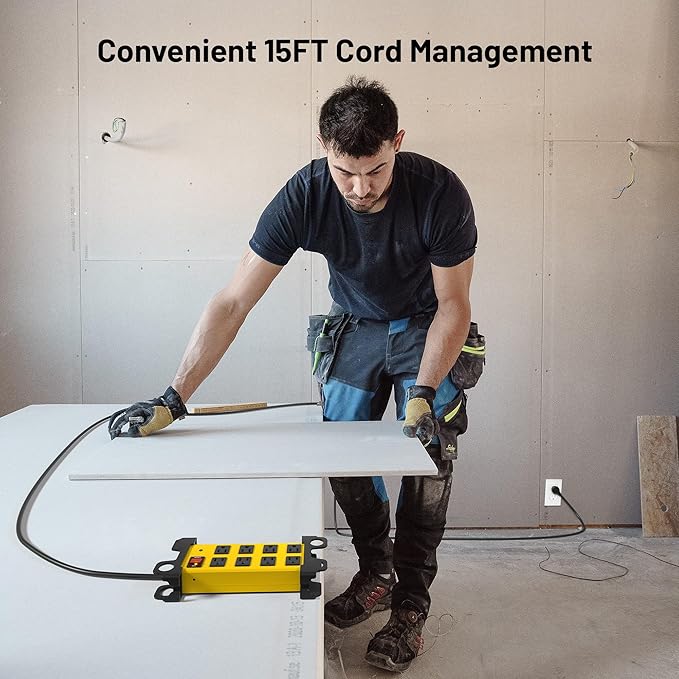 Heavy Duty Power Strip 8 Outlets - Surge Protector 2700J with 15FT Long Extension Cord, Industrial Metal Powerstrip 15Amp, Wall Mount Plug for Garage Workshop Outdoor Home Office, Wide Spaced (15ft)