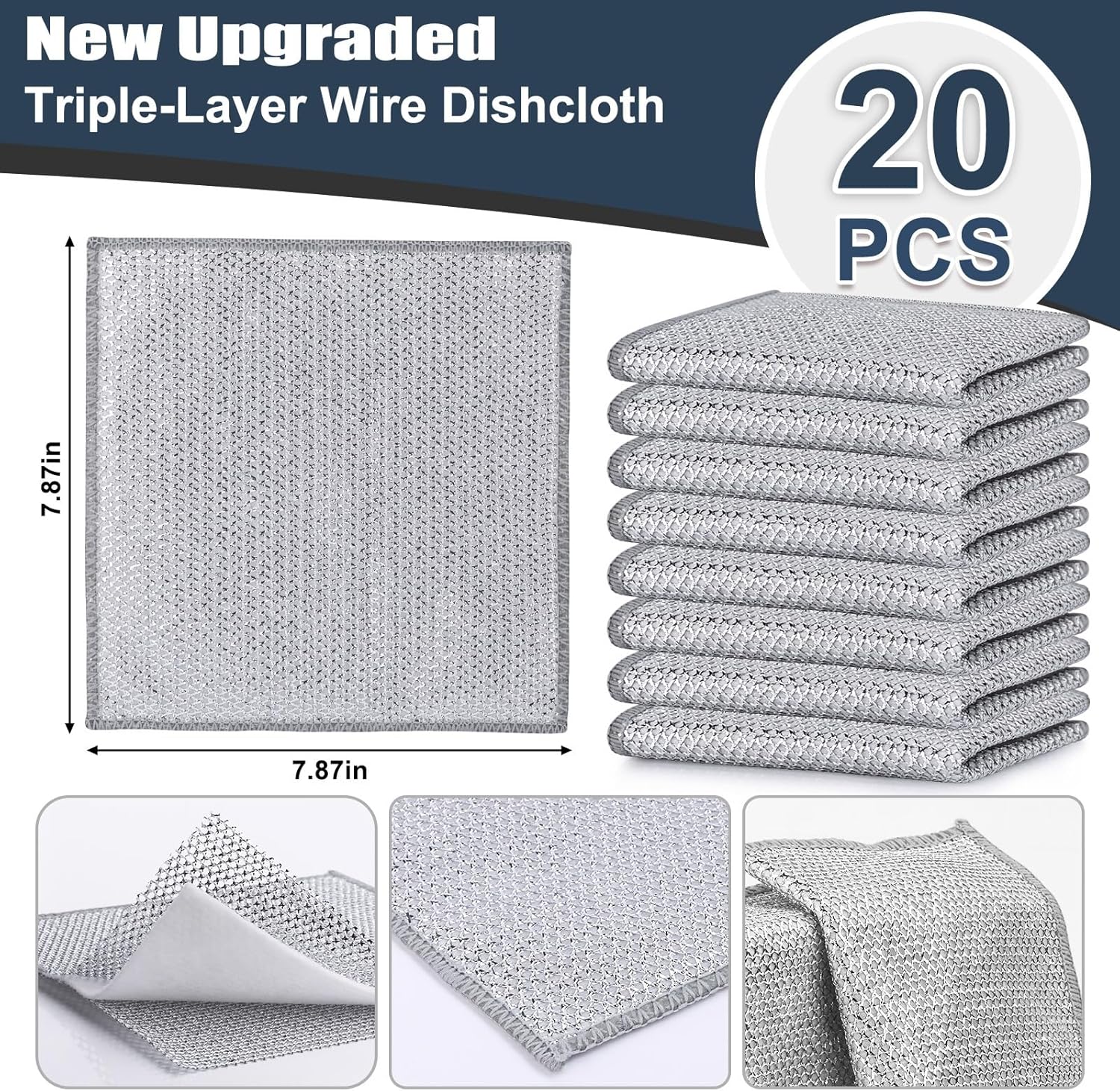 Navona 20 Pcs New Upgrade Steel Wire Dishcloth,Triple-Layer Steel Wire Cleaning Cloth,Powerful Cleaning Non-Scratch Wire Dishcloth Rag for Cookware, Sinks, Dishes, Stove Tops, 20pack, NA-608