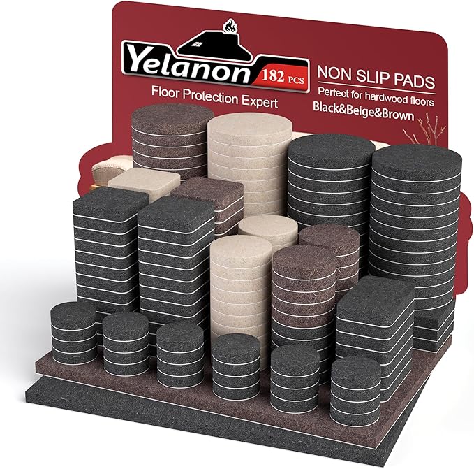 Yelanon Felt Furniture Pads -182 Pcs Premium Felt Pads for Chair Legs Furniture, Floor Protectors for Hardwood Floors, Mix Color