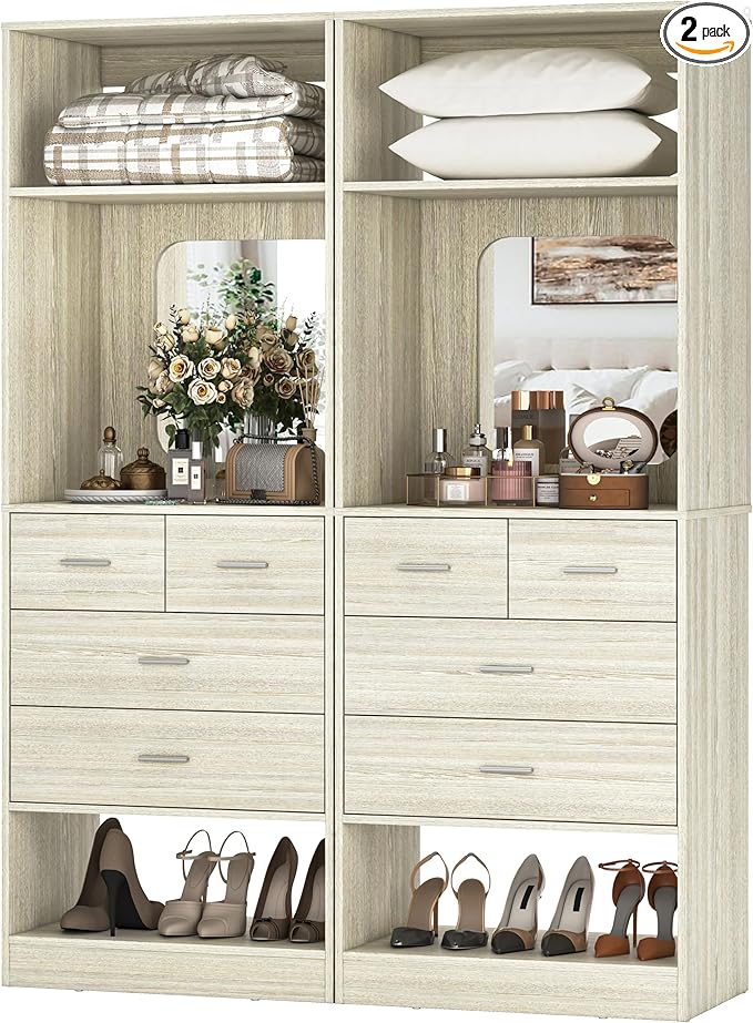 Unikito 50 Inch Closet System with Drawers, 4FT Wood Closets Organizer with Mirror Design, Freestanding Heavy Duty Walk in Closet Towers for Bedroom, Easy Assembly, Max Load 1000 LBS, White Oak