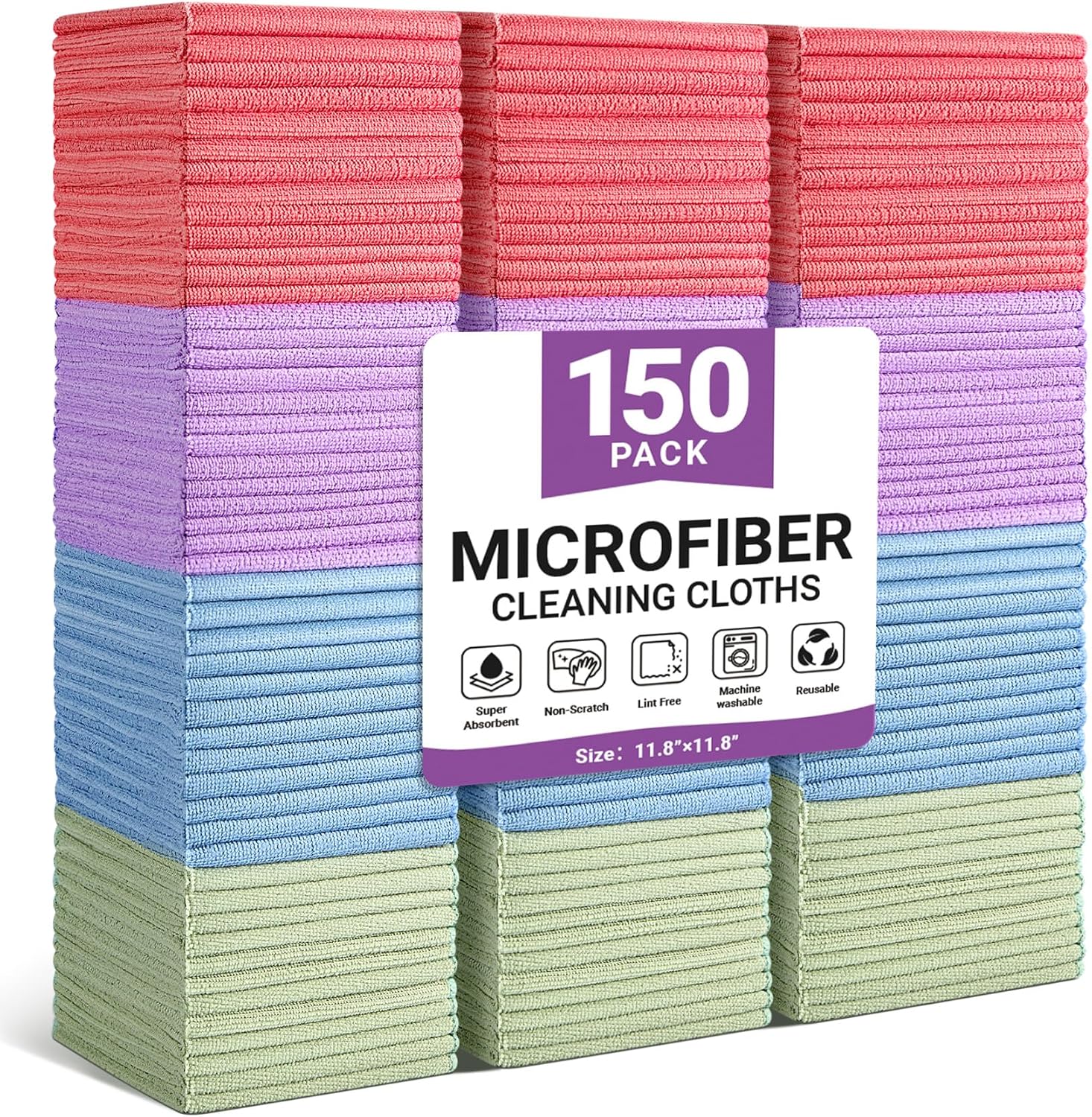 Microfiber Cleaning Cloth, 150 Pack Assorted Color Cleaning Rags for Housekeeping, Colorful Reusable Microfiber Towels for Car, Kitchen, Bathroom and Household Cleaning Supplies, 11.8"X11.8"
